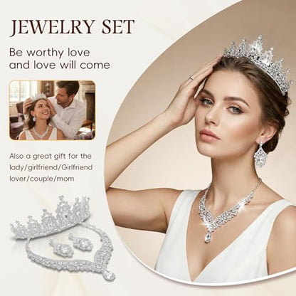 Tiaras and Crowns for Women,Tiaras Earrings Necklace, Crystal Bridal Jewelry Set - color: Silver white