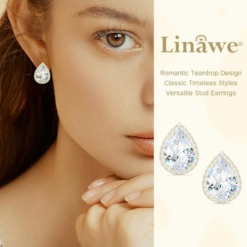 Linawe Women Stud Earrings, Teardrop Diamond Moissanite Cubic Zirconia Earrings Studs Rhinestone Jewelry Gold/Silver/Rose Gold - color: Gold,April
