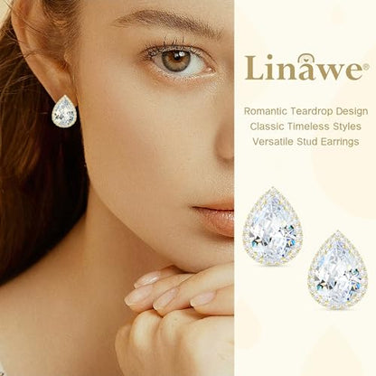 Linawe Women Stud Earrings, Teardrop Diamond Moissanite Cubic Zirconia Earrings Studs Rhinestone Jewelry Gold/Silver/Rose Gold - color: Gold,April