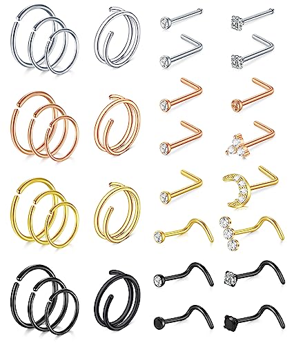 MODRSA 20g Nose Rings Hoops Nose Studs for Women Surgical Steel Hypoallergenic 20 Gauge Nostril Piercing Jewelry L Shape Crokscrew Silver Rose Gold Black Hoop Nostril Rings for Men - color: Double Hoop 20g - Black, Gold, Silver