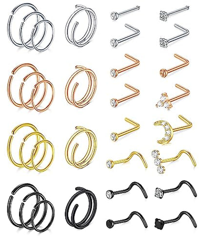 MODRSA 20g Nose Rings Hoops Nose Studs for Women Surgical Steel Hypoallergenic 20 Gauge Nostril Piercing Jewelry L Shape Crokscrew Silver Rose Gold Black Hoop Nostril Rings for Men - color: Double Hoop 20g - Black, Gold, Silver