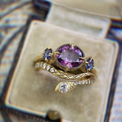 18k Gold Artistic Retro Copper Set with Amethyst Unique Sapphire Exotic Purple Zircon Snake Shaped Ring for Women's Exotic Party and Dinner Accessories Size 10 - size: US Code 10