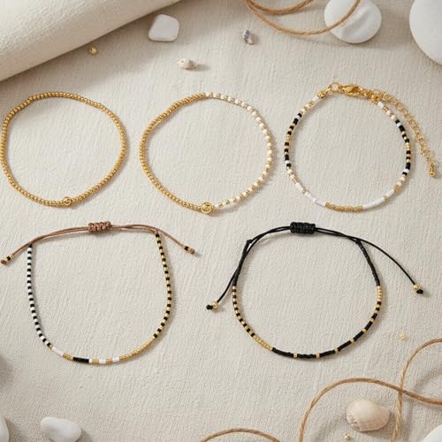 5Pcs Stack Gold Plated Ball Beaded Bracelets Set for Women, Boho Handmade Colorful Glass Pearl Stretch Accessories Jewelry, Summer Beach Daily Wear Holiday Friendship Gift - color: White Black Gold