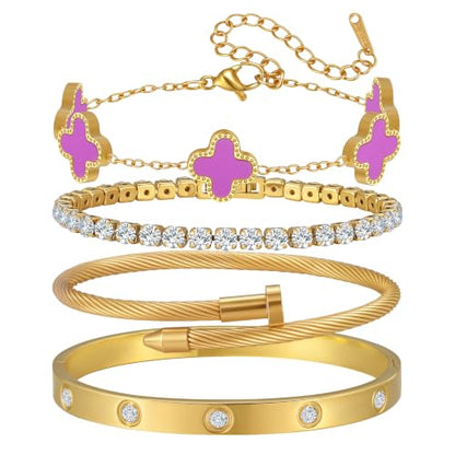 18K Gold Plated Bangle Bracelets Stack for Women,Four Leaf Clover Stackable Bracelets Non Tarnish,4 Pcs Jewelry sets Gifts - color: Purple