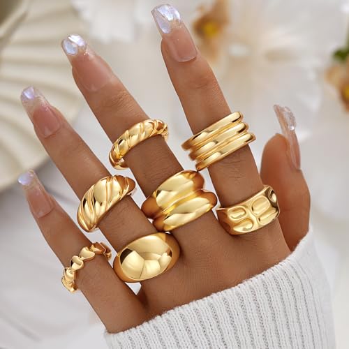 17 MILE Chunky Gold Stackable Rings for Women Non Tarnish, 18K Gold-Plated Statement Open Stacking Rings, Knuckle Band Ring Set - color: Gold 7 Pcs Open