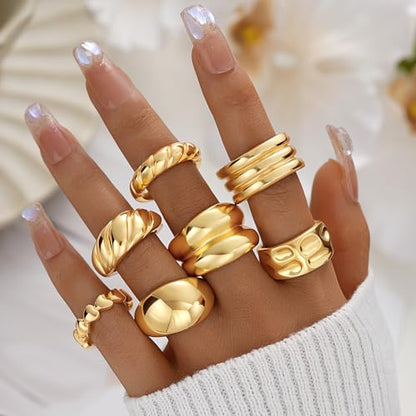 17 MILE Chunky Gold Stackable Rings for Women Non Tarnish, 18K Gold-Plated Statement Open Stacking Rings, Knuckle Band Ring Set - color: Gold 7 Pcs Open