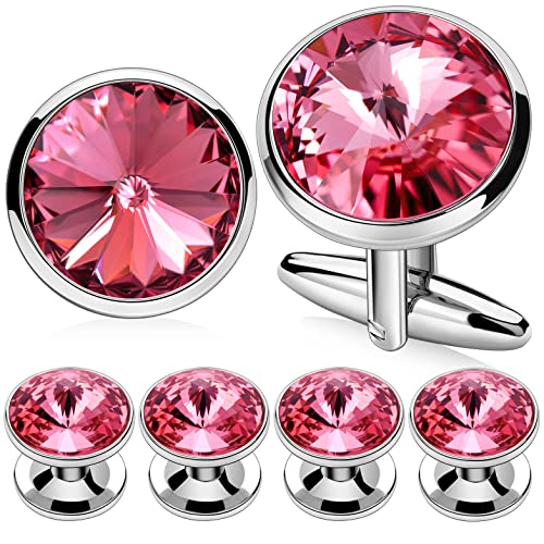 HAWSON Cufflinks for Men with 4/6 pcs Shirt Studs Set, Gift Box Packed, Mens Jewelry or Accessories for Wedding, Party, Anniversary, Birthday - color: Silver Pink Crystal Cufflinks Set