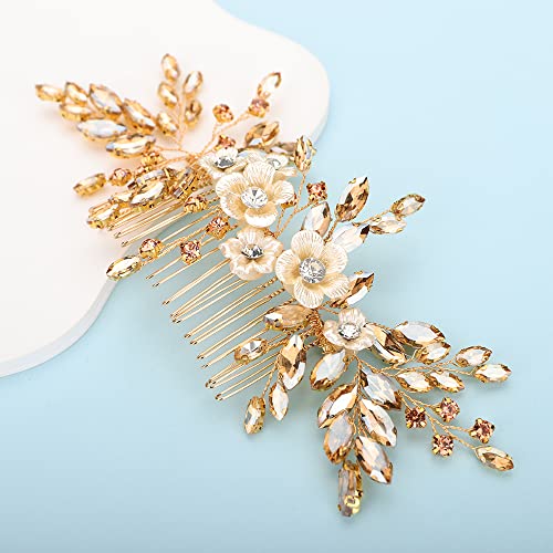Bridal White Flower Champagne Gold Crystal Rhinestone Hair Comb for Bride Bridesmaid Sliding side Headpieces Wedding Hair Accessories for Women and Girls (Champagne gold) - color: Champagne gold