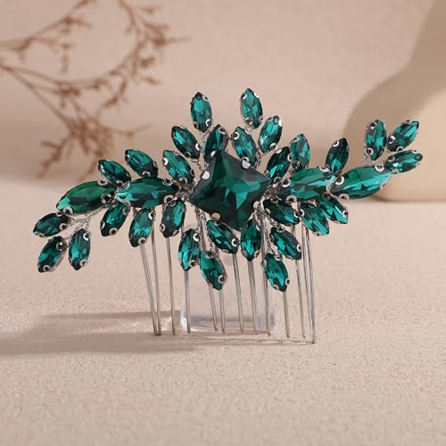 Square Rhinestone Hair Comb Silver Gold Rhinestone Wedding Headpiece Handmade Crystal Bridal Hair Comb Bridal Hairpiece for Brides Bridesmaid (peacock green) - color: peacock green