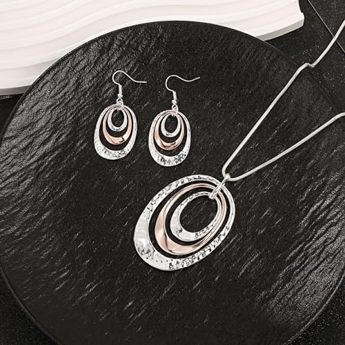 3 Circles Silver Hoop Earrings Necklace Set for Women Geometric Jewelry Set | 925 Silver Hypoallergenic Small Hoop Circle Geometry Textured Finish Minimalist Style Comfortable Wear - style: Gold and Silver Three Hoops