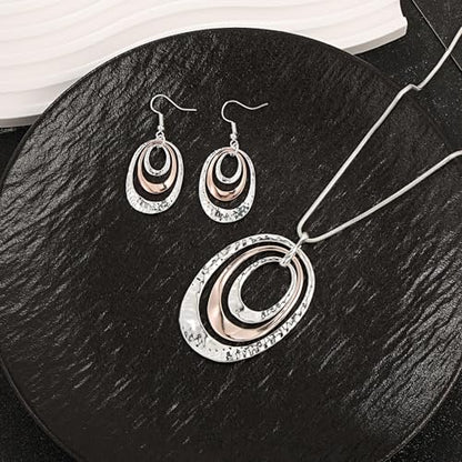 3 Circles Silver Hoop Earrings Necklace Set for Women Geometric Jewelry Set | 925 Silver Hypoallergenic Small Hoop Circle Geometry Textured Finish Minimalist Style Comfortable Wear - style: Gold and Silver Three Hoops