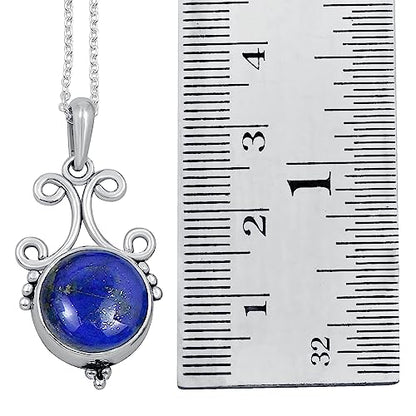 Natural Round Gemstone Pendant Necklace for Women, 925 Sterling Silver | Solitaire Birthstone Jewelry With 18 Inch Chain, Handmade Semi Precious Stone Pendant, Jewelry Gift for Mom, Wife & Sister - color: Lapis Lazuli