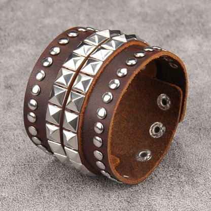 JAOYU Punk Leather Cuff Bracelet Goth Leather Wristband Rock Bracelet Biker Bracelet for Men Leather Armband Black Handmade Jewelry - color: Wide Brown Leather Bracelet