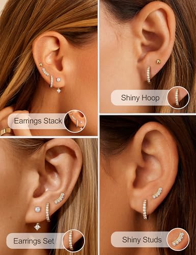 Small Gold Earring Stack Trendy 925 Sterling Silver Earrings for Women Hypoallergenic 14K Gold Plated Cubic Zirconia Stud Hoop Non Tarnish Huggie Hoop Earrings Set for Multiple Piercing Jewelry Gift - style: Gold: 1 Pairs of Hoops + 3 Pair of Studs