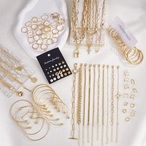 MEDOJO 93 Pcs Golden Jewelry Set for Women Costume Jewelry Pack Golden Plated Necklace Bracelet Stackable Ring Earrings Jewelry for Christmas New Year