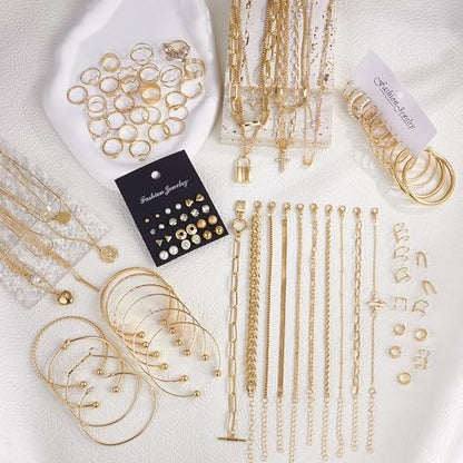 MEDOJO 93 Pcs Golden Jewelry Set for Women Costume Jewelry Pack Golden Plated Necklace Bracelet Stackable Ring Earrings Jewelry for Christmas New Year