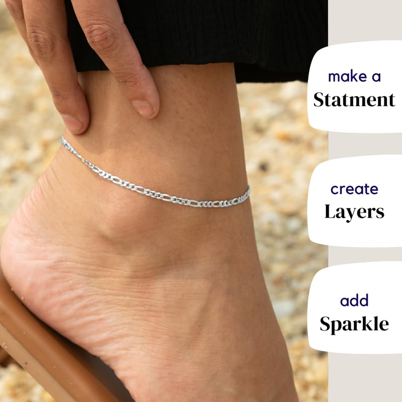 Solid 925 Sterling Silver Italian 3mm Diamond-Cut Flat Figaro Link & 1.5mm Twisted Braided Rope Link Chain Anklet Ankle Bracelet Bundle - for Women - Made in Italy, 9""