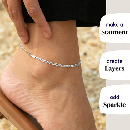 Solid 925 Sterling Silver Italian 3mm Diamond-Cut Flat Figaro Link & 1.5mm Twisted Braided Rope Link Chain Anklet Ankle Bracelet Bundle - for Women - Made in Italy, 9""