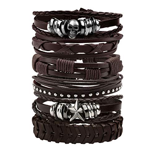 MILAKOO 6Pcs Punk Leather Bracelets for Women Men Braided PU Wristband Skull Skeleton Accessories - color: C: Brown