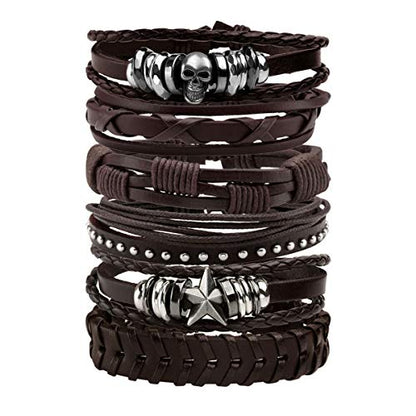 MILAKOO 6Pcs Punk Leather Bracelets for Women Men Braided PU Wristband Skull Skeleton Accessories - color: C: Brown