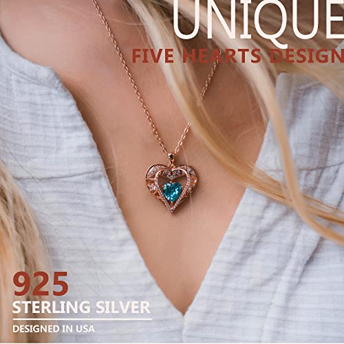 5 Heart I Love You Necklace for Women, Birthstone Crystal Pendant, Birthday Gift for Her, Wife, Mom, Rose Gold or Gunmetal Plated, 925 Sterling Silver Chain 18"+2" - color: 03-March-Aquamarine Aqua Blue-Rose Gold Plated