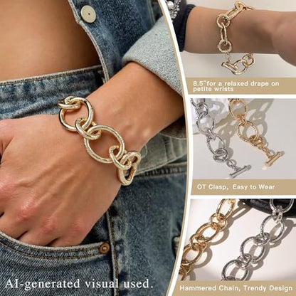 18K Gold Plated Hammered Toggle Bracelet for Women | Chunky hammered statement bracelet with a toggle closure and 3 adjustable sizes, designed for everyday wear and gifting - style: Style One