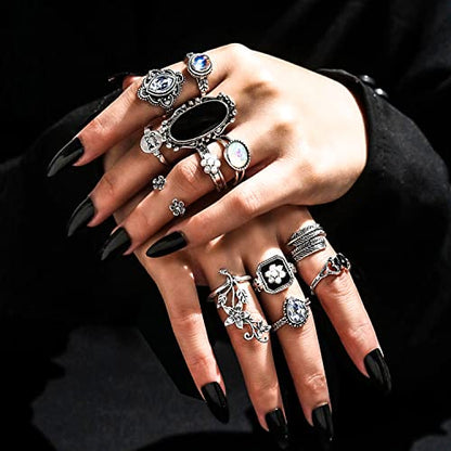 17IF Vintage Silver Knuckle Rings Set for Women Men, Chunky Boho Rings | Aesthetic Snake Grunge Stackable Gothic Ring Adjustable Y2K Punk Bulky Finger Alt of Rings, Stacking Flower Midi Ring Pack - style: 60