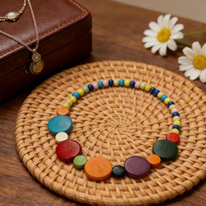 ONLYJUMP Colorful Ethnic Wooden Jewelry Set for Women Round Statement Dangle Earrings Multilayered Geometric Beaded Bracelet Necklace Exaggerated Tribal Style Jewelry - color: Colorful B