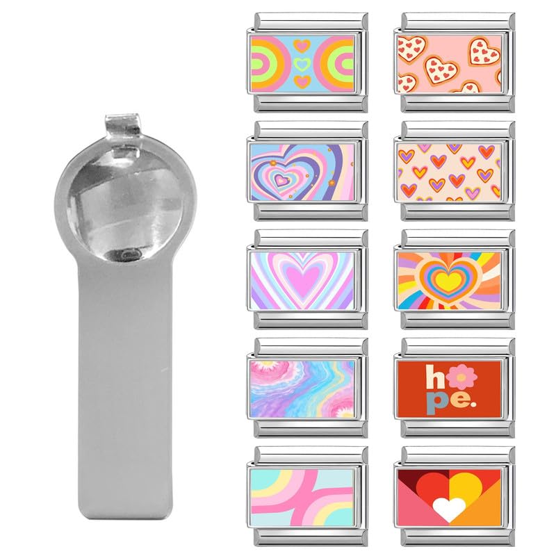 Loozykit Italian Charm Bracelet Silver 9mm Stainless Steel Bulk Charms | Women's Italian Style Charms, DIY removable Bracelets Set with Opening Tool and 10 Modules, Handmade Jewelry Gift for Girls - color: Colorful Heart Arcs