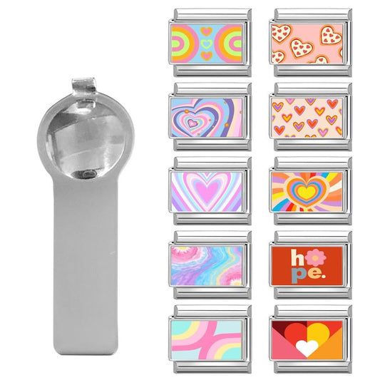 Loozykit Italian Charm Bracelet Silver 9mm Stainless Steel Bulk Charms | Women's Italian Style Charms, DIY removable Bracelets Set with Opening Tool and 10 Modules, Handmade Jewelry Gift for Girls - color: Colorful Heart Arcs