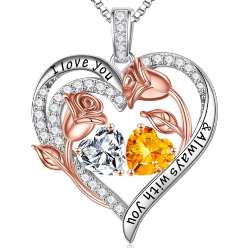 Iefil Birthstone Necklace for Women - Rose Heart Necklace | 925 Sterling Silver, Gift Box Packaging, Anniversary Birthday Gifts for Wife Mom Daughter - color: 04-11-Apr-Nov Birthstone