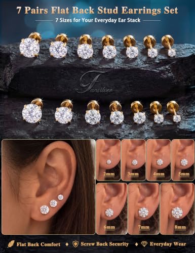 Fansilver 20G Hypoallergenic Flat Back Earrings for Women Men Silver 14K Gold Stainless Steel Stud Earrings Birthstone Cubic Zirconia Studs Surgical Steel Cartilage Earrings for Sensitive Ears - color: Gold