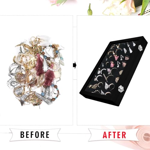 Siveit Velvet Jewelry Tray 48 Grid Jewelry Display Tray Organizer Box with Transparent Lid Rings Earrings Necklaces Pendants Display Box Suitable for Women and Girls (Black) - color: Black