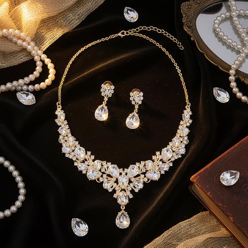 Hicarer Bridal Teardrop Cluster Crystal Jewelry Set for Women Necklace Earrings Wedding - color: White Gold