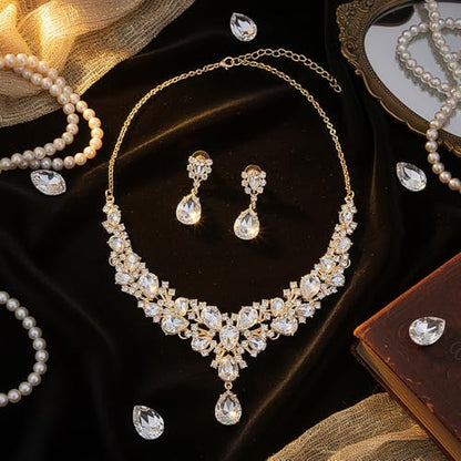 Hicarer Bridal Teardrop Cluster Crystal Jewelry Set for Women Necklace Earrings Wedding - color: White Gold