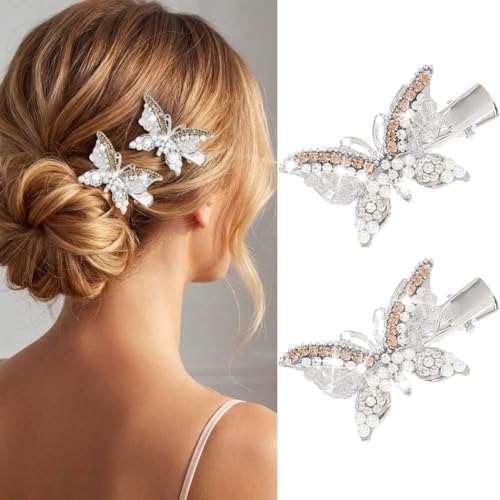 BARTOSI Butterfly Hair Clips Gold Fancy Hair Clip Rhinestone Butterfly Hair Accessories for Women and Girls (Pack of 2) - color: Silver