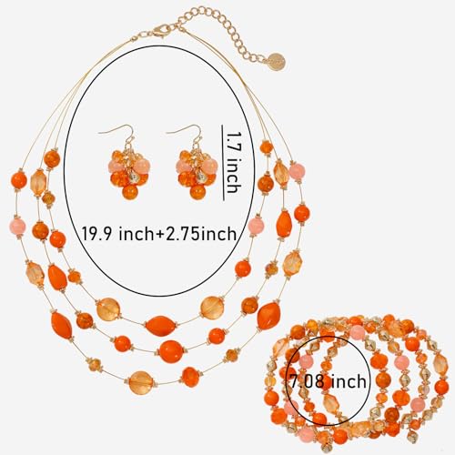 Coiris 3 Layers Illusion Wire Beaded Statement 19.5" Necklace for Women - color: ST0001-Orange