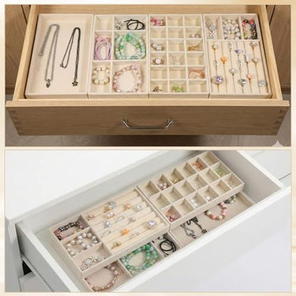 Set of 8 Velvet Jewelry Trays, Stackable Jewelry Organizer | Jewelry Drawer Inserts Divided Display Trays for Earring, Necklace, Ring, Bracelet (4 Styles, Beige)