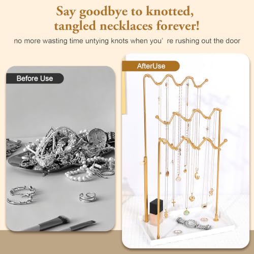 Gold 3-Tier Necklace Holder Organizer Necklace Display Stand with 36 Hooks | Adjustable Jewelry Organizer with Metal Tray, Tall Necklace Tree Rack for for Dresser Small Space, Gift for Women Girl