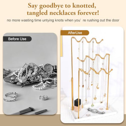 Gold 3-Tier Necklace Holder Organizer Necklace Display Stand with 36 Hooks | Adjustable Jewelry Organizer with Metal Tray, Tall Necklace Tree Rack for for Dresser Small Space, Gift for Women Girl