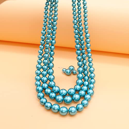 Chunky Layered Imitation Pearl Necklace for Women 3 strand Pearl Necklaces Faux Pearl Necklace Earrings Set 1920s Flapper Gatsby Costume Accessories - color: 3 strand pearl necklace dark blue