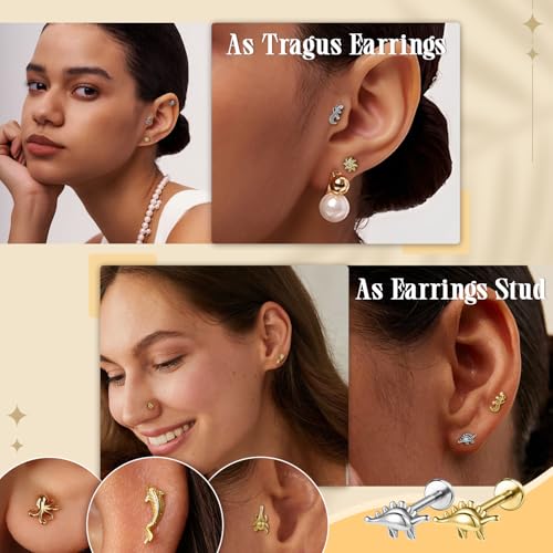 AOEDEJ 16G Internally Threaded Labret Surgical Steel 8PCS Animal Flat Back Hypoallergenic Cartilage Helix Tragus Conch Helix Studs Earrings for Women Men - color: Gold, size: 1.2*8mm