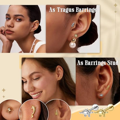 AOEDEJ 16G Internally Threaded Labret Surgical Steel 8PCS Animal Flat Back Hypoallergenic Cartilage Helix Tragus Conch Helix Studs Earrings for Women Men - color: Silver, size: 1.2*6mm