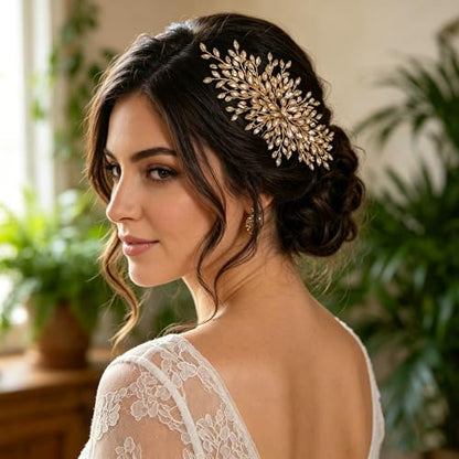 Rhinestone Leaf Wedding Hair Comb, Sparkly Bridal Hair Piece Accessories for Bride Bridesmaid Party Prom (Champagne) - color: Champagne