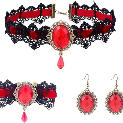 Gothic Lace Choker Necklace Earrings Bracelet Set for Women Black Lace Necklace Vintage Victorian Red Crystal Pendant Necklaces Vampire Jewelry Set Halloween Costume Party Cosplay Jewelry Accessories - color: Red