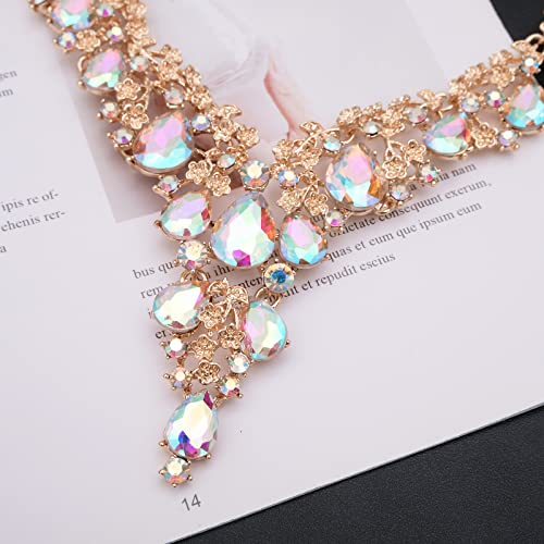 CSY Elegant Crystal Costume Jewelry Sets Flower Bridal Necklace Earrings Stretch Bangle Set for Bride Bridesmaid Wedding Dress Accessories - color: AB crystal-rose gold tone