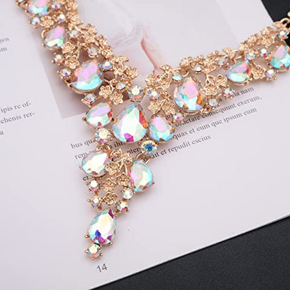 CSY Elegant Crystal Costume Jewelry Sets Flower Bridal Necklace Earrings Stretch Bangle Set for Bride Bridesmaid Wedding Dress Accessories - color: AB crystal-rose gold tone