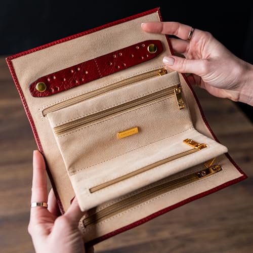Time Resistance Leather Jewelry Roll - Full Grain Leather Travel Jewelry Case - Jewellery Organizer Made in Italy (Red) - color: Red