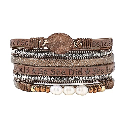 Artilady Leather Wrap Bracelet for Women, Pearl Beaded Bangle Stack Jewelry | Easy on-off, Elegant Handmade Multi-Layered, Daily Casual Date Beach Vacation, Gift for Ladies, Mother, Sister & Friend - style: So She Did, Brown