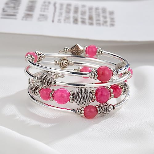 PEARL&CLUB Beaded Chakra Bangle Turquoise Bracelet - Fashion Jewelry Wrap Bracelet with Thick Silver Metal and Mala Beads, Birthday Gifts For Women - color: Hot pink